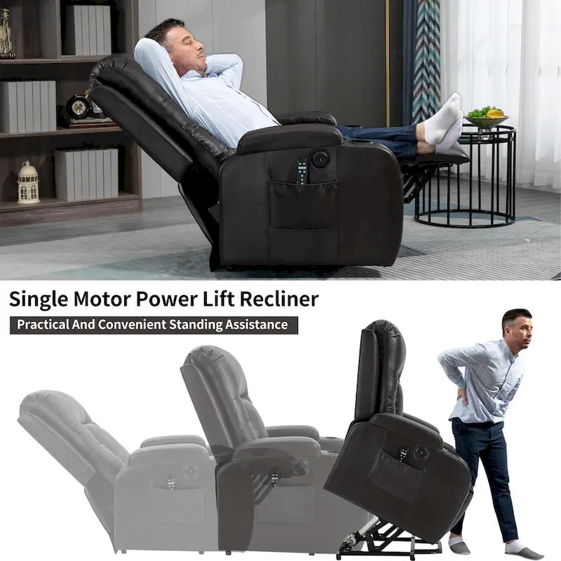 Infinite Position Power Lift Recliner with Massage and Heat, Dual USB Ports, Cup Holders, Side Pockets, Ideal for Seniors