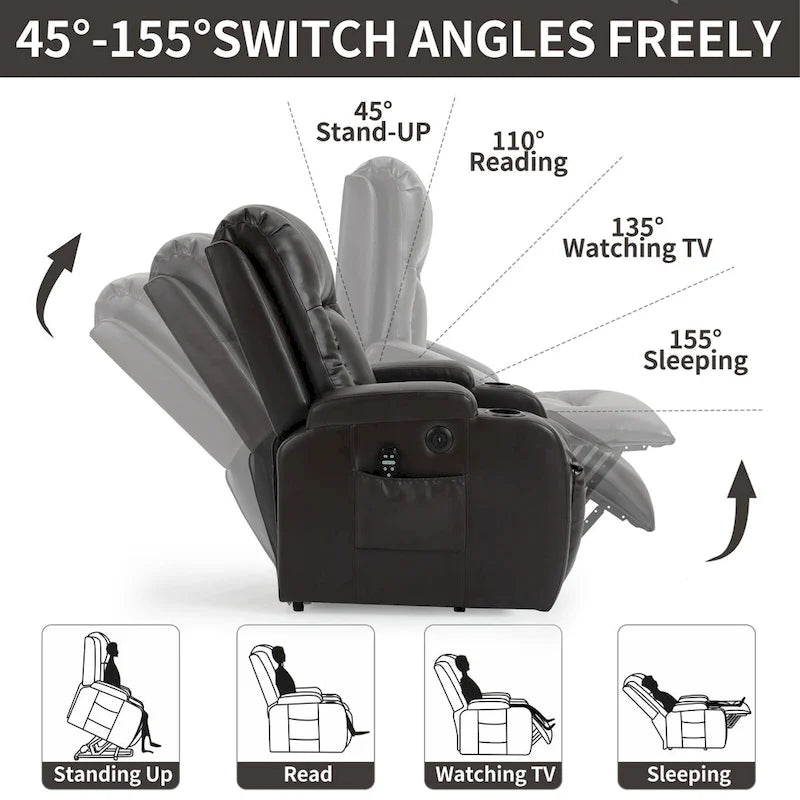 Infinite Position Power Lift Recliner with Massage and Heat, Dual USB Ports, Cup Holders, Side Pockets, Ideal for Seniors