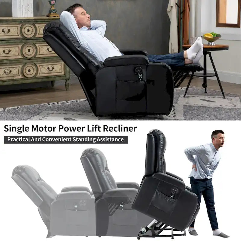 Infinite Position Power Lift Recliner with Massage and Heat, Dual USB Ports, Cup Holders, Side Pockets, Ideal for Seniors