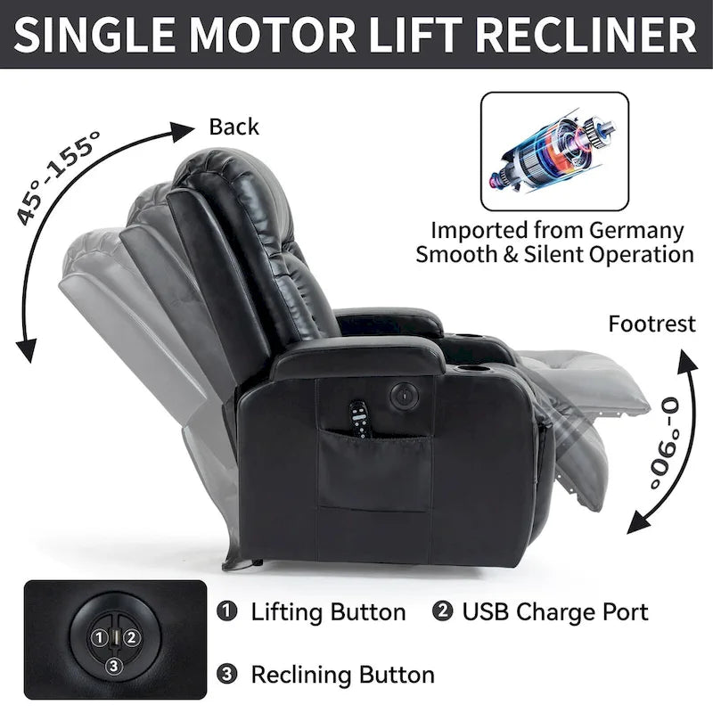 Infinite Position Power Lift Recliner with Massage and Heat, Dual USB Ports, Cup Holders, Side Pockets, Ideal for Seniors