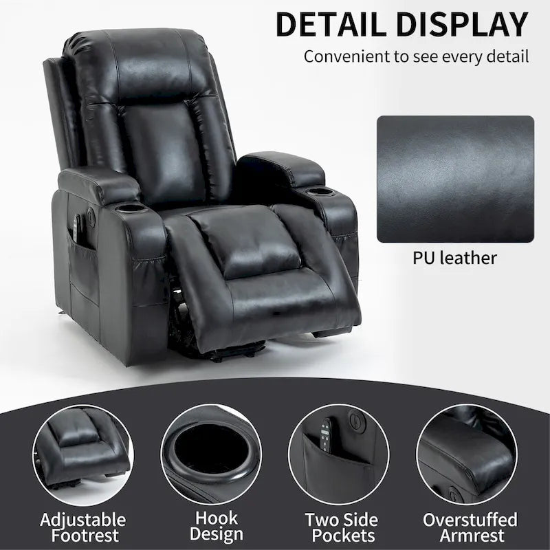 Infinite Position Power Lift Recliner with Massage and Heat, Dual USB Ports, Cup Holders, Side Pockets, Ideal for Seniors