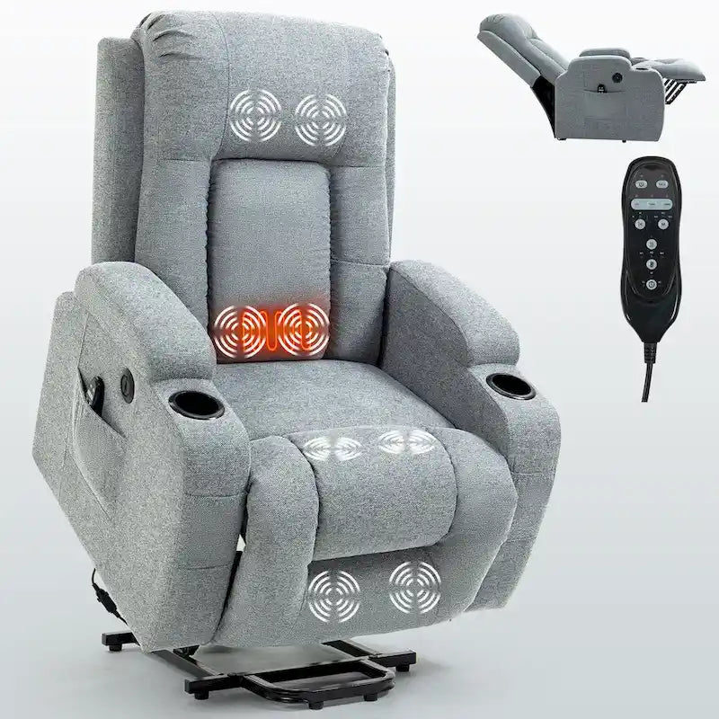 Infinite Position Power Lift Recliner with Massage and Heat, Dual USB Ports, Cup Holders, Side Pockets, Ideal for Seniors