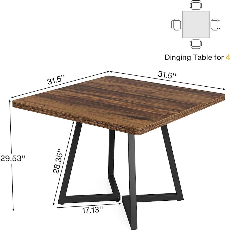 Rustic Brown Square Dining Table for 2-4 People with Black Metal Frame