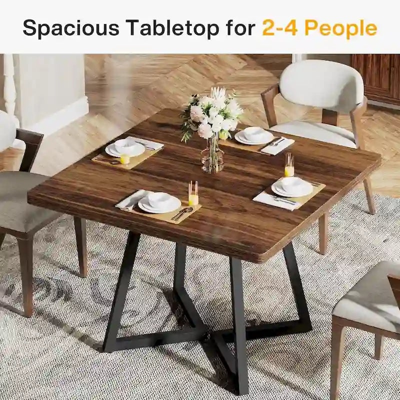 Tavolo da pranzo quadrato marrone rustico per 2-4 persone con struttura in metallo nero