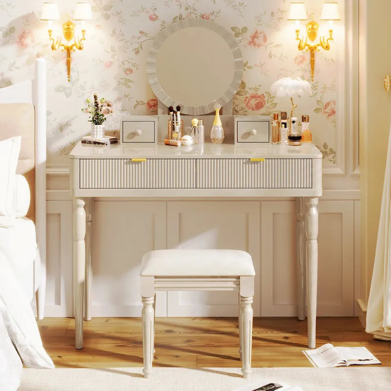 Luxury Vanity Desk with Round Mirror,Height-Adjustable, Stylish Dressing Table Set, 4 Drawers & Stool