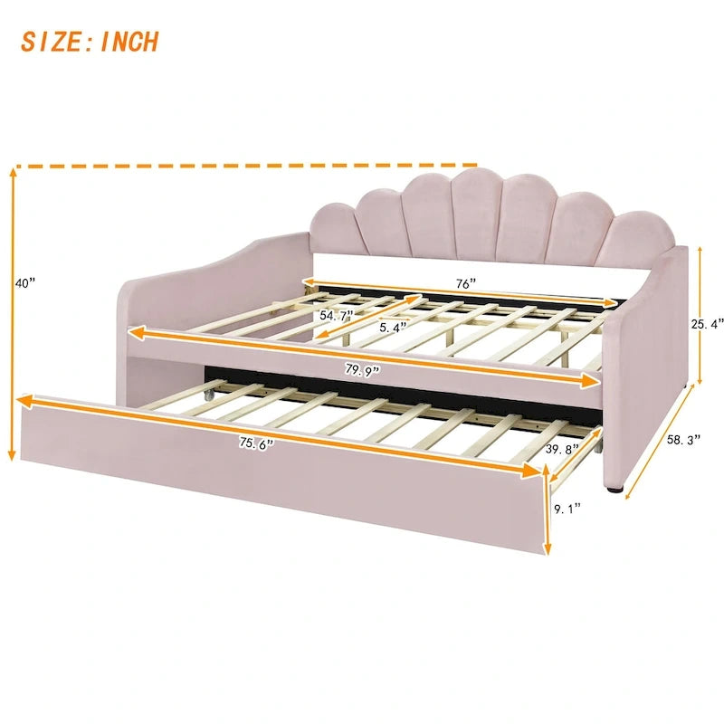 Full Size Upholstered Daybed with Shell Backrest and Trundle