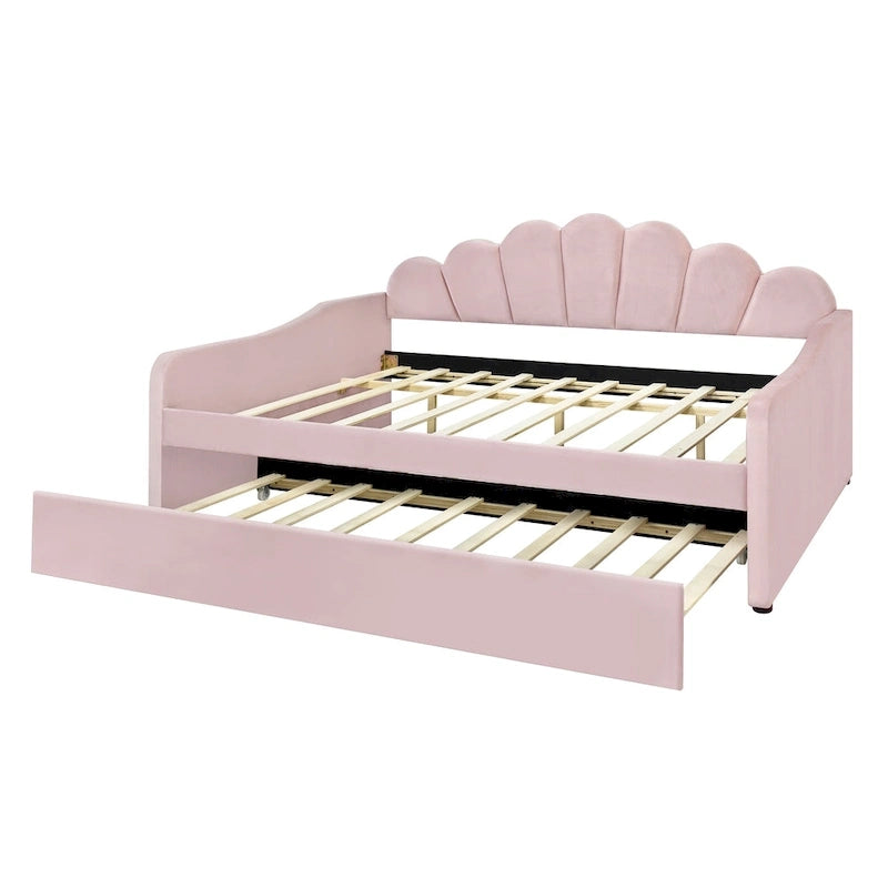Full Size Upholstered Daybed with Shell Backrest and Trundle