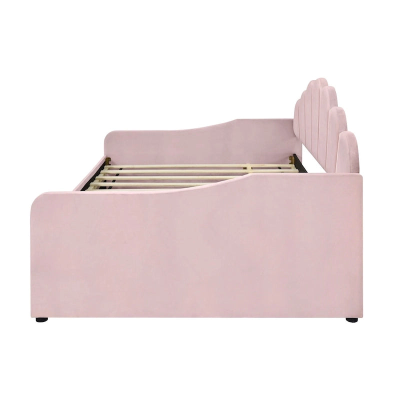 Full Size Upholstered Daybed with Shell Backrest and Trundle