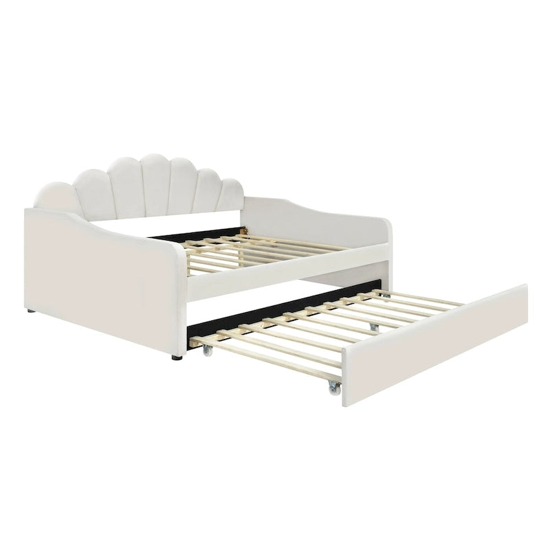 Full Size Upholstered Daybed with Shell Backrest and Trundle