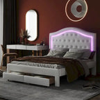 White Queen Size Upholstered Bed with Tufted Headboard, LED, and 2 Drawers