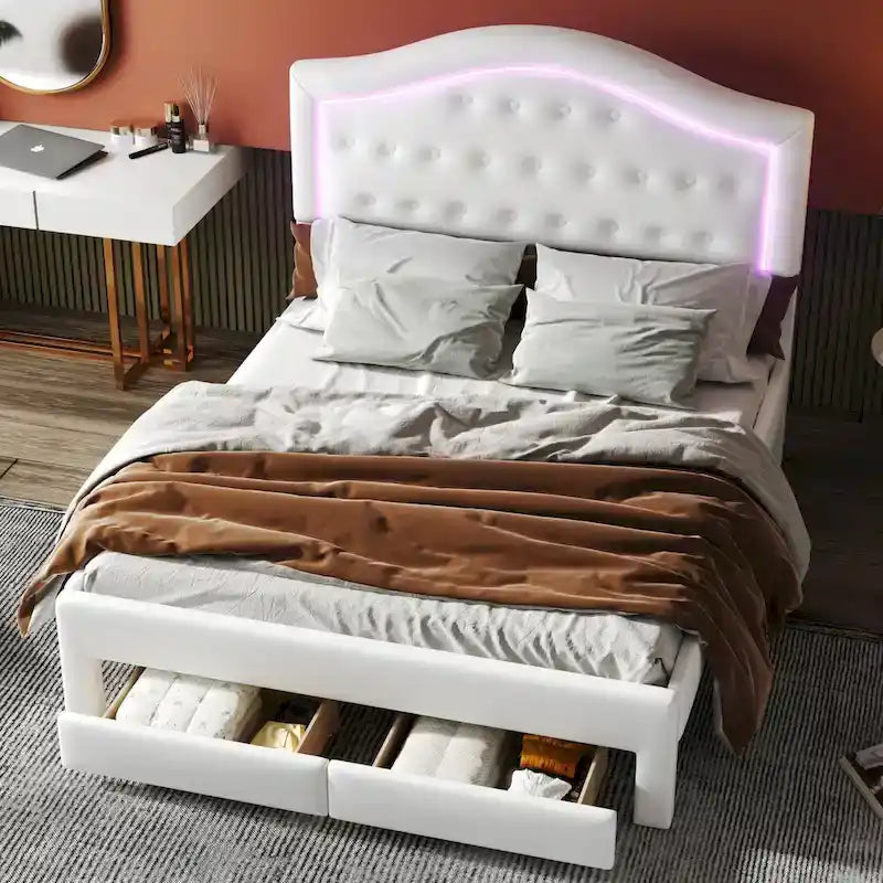 White Queen Size Upholstered Bed with Tufted Headboard, LED, and 2 Drawers