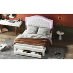White Queen Size Upholstered Bed with Tufted Headboard, LED, and 2 Drawers