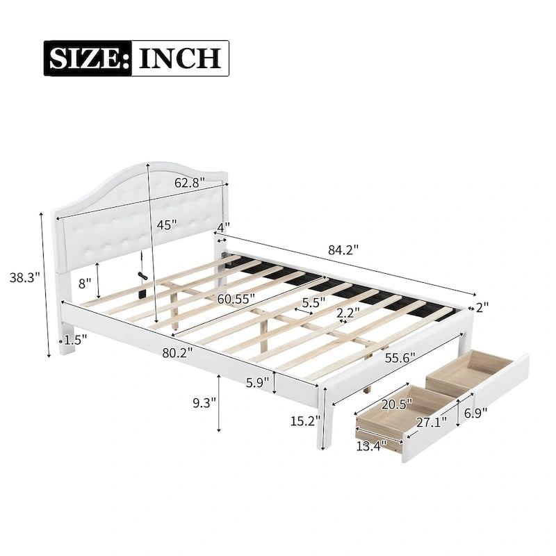 White Queen Size Upholstered Bed with Tufted Headboard, LED, and 2 Drawers