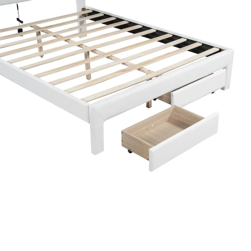 White Queen Size Upholstered Bed with Tufted Headboard, LED, and 2 Drawers