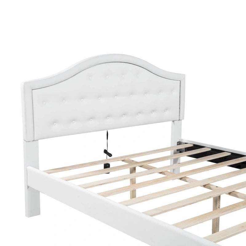 White Queen Size Upholstered Bed with Tufted Headboard, LED, and 2 Drawers