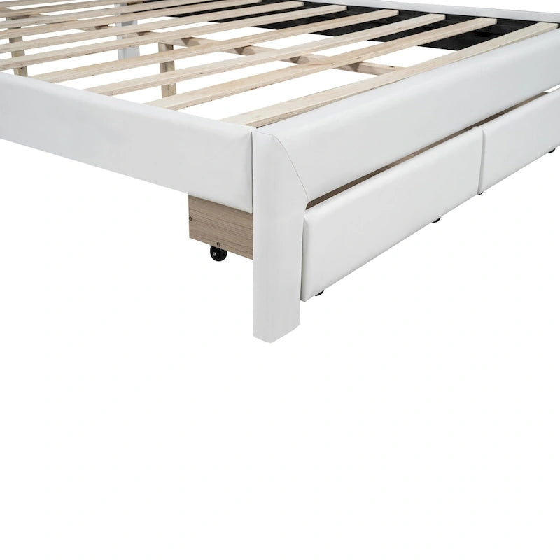 White Queen Size Upholstered Bed with Tufted Headboard, LED, and 2 Drawers