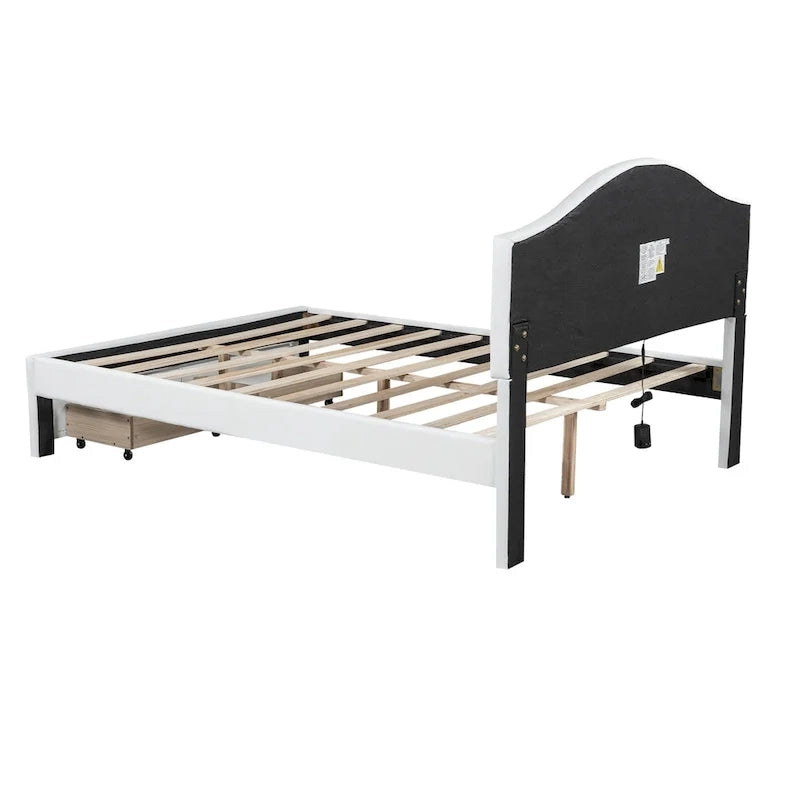 White Queen Size Upholstered Bed with Tufted Headboard, LED, and 2 Drawers