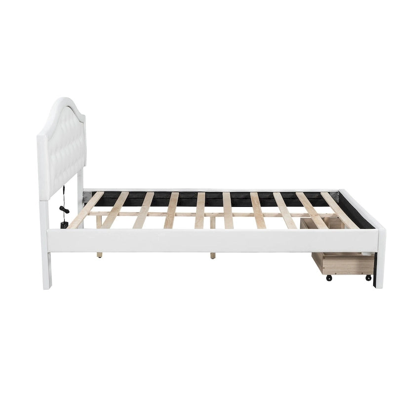 White Queen Size Upholstered Bed with Tufted Headboard, LED, and 2 Drawers