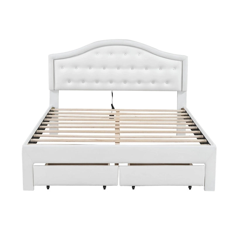 White Queen Size Upholstered Bed with Tufted Headboard, LED, and 2 Drawers