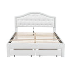 White Queen Size Upholstered Bed with Tufted Headboard, LED, and 2 Drawers