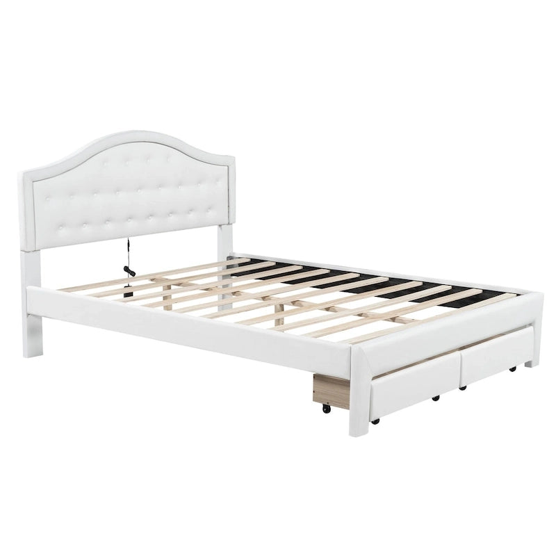 White Queen Size Upholstered Bed with Tufted Headboard, LED, and 2 Drawers