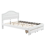 White Queen Size Upholstered Bed with Tufted Headboard, LED, and 2 Drawers