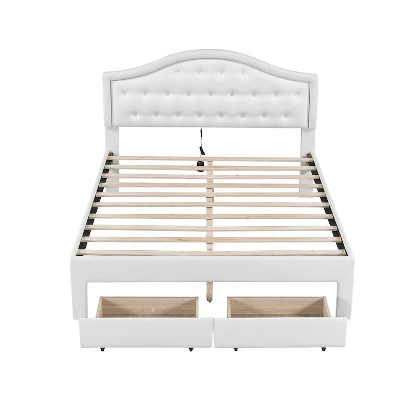 White Queen Size Upholstered Bed with Tufted Headboard, LED, and 2 Drawers