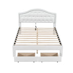 White Queen Size Upholstered Bed with Tufted Headboard, LED, and 2 Drawers