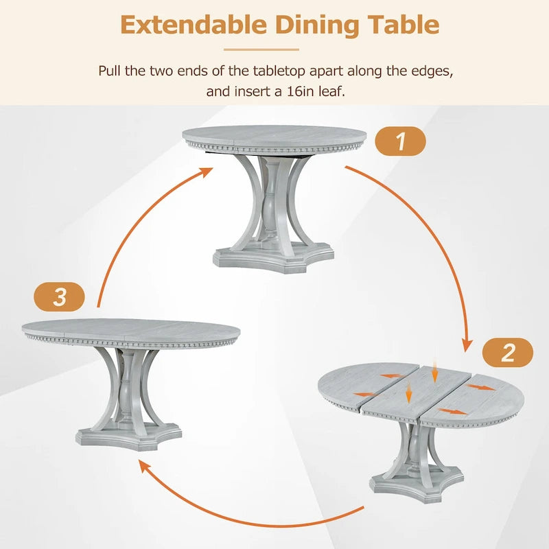 Antique Gray Retro 5-Piece Wooden Dining Table Set with Extendable Round Table & 4 Chairs