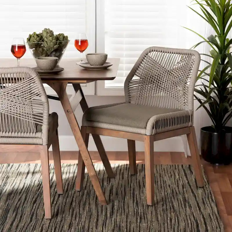 Sedia da pranzo in mogano in stile transizionale moderno con corda intrecciata - Grigio