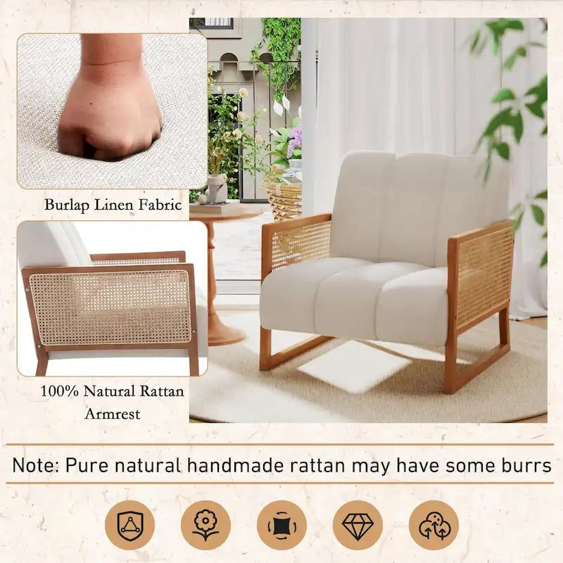 Poltroncine in Rattan, Sedia in Rattan Naturale Imbottita Poltrona in Lino Mid-Century Modern Side Chair per Soggiorno Camera da Letto