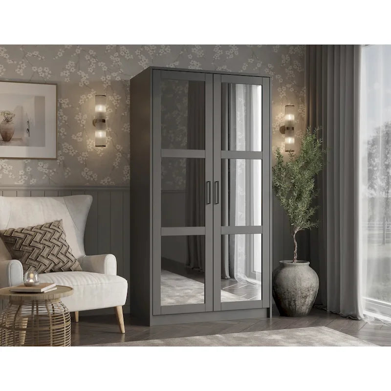 Palace Imports 100% Solid Wood 2-Door Urban Wardrobe Armoire with Solid and Mirrored Doors