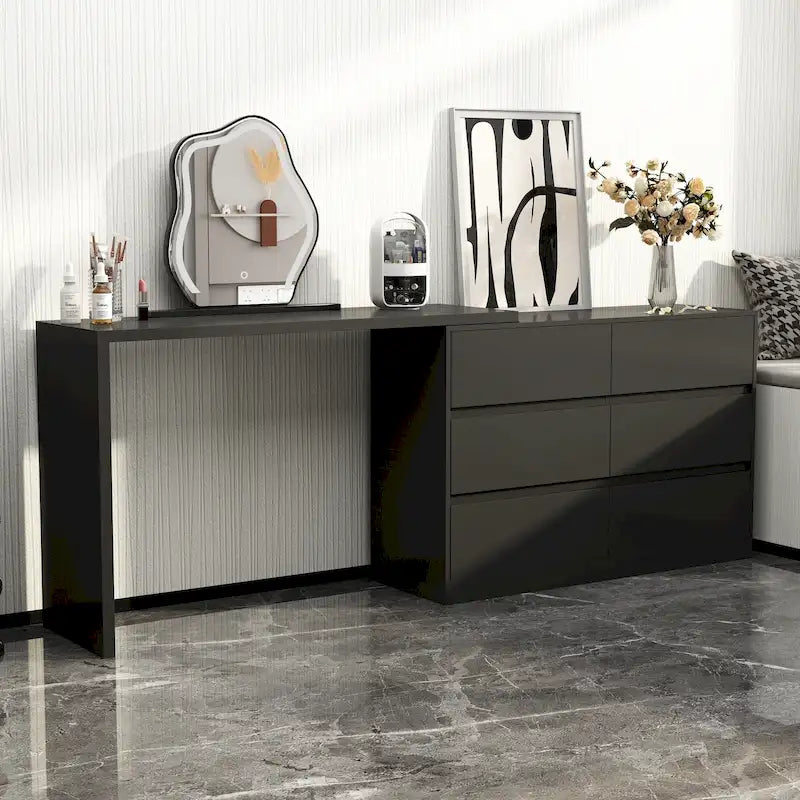 32.7H Rotating Dresser and Desk 6 Drawer Dresser Makeup Vanity White/Black