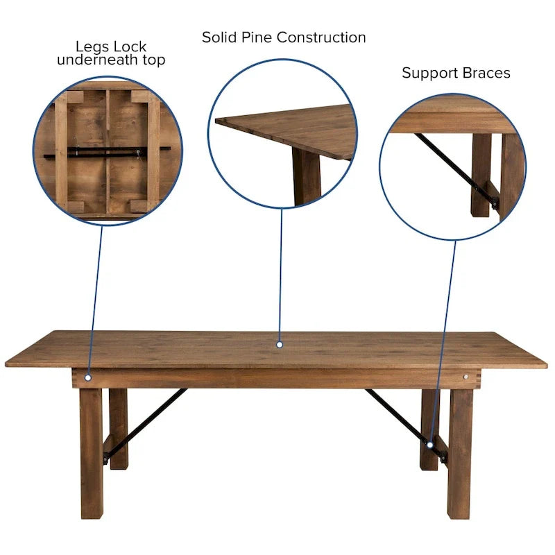 Tavolo Pieghevole Rustico da Fattoria 2,4 m x 1,2 m con 10 Sedie Cross Back e Cuscini