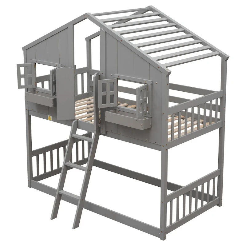 Letto a castello a casetta singolo su singolo con tetto, finestra, fioriera, porta, con sponde di sicurezza e scaletta, Grigio