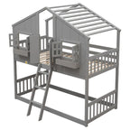 Letto a castello a casetta singolo su singolo con tetto, finestra, fioriera, porta, con sponde di sicurezza e scaletta, Grigio