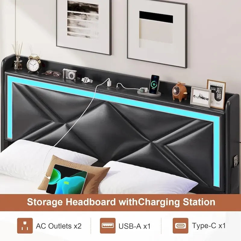 Struttura letto con luci LED per testiera e stazione di ricarica USB-C/A, 4 cassetti