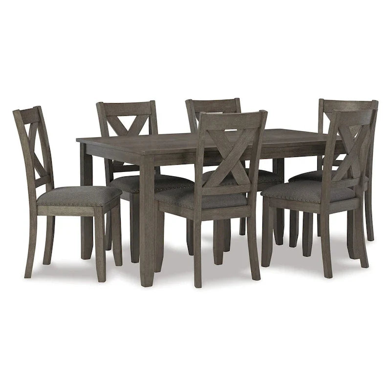 Set da 7 pezzi da tavolo da pranzo, Sedie con schienale a reticolo, Legno grigio scuro, Poliestere