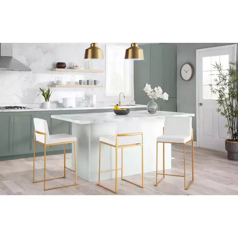 LumiSource Set of 3 Fuji High Back Counter Height Barstools Gold Steel/White PU