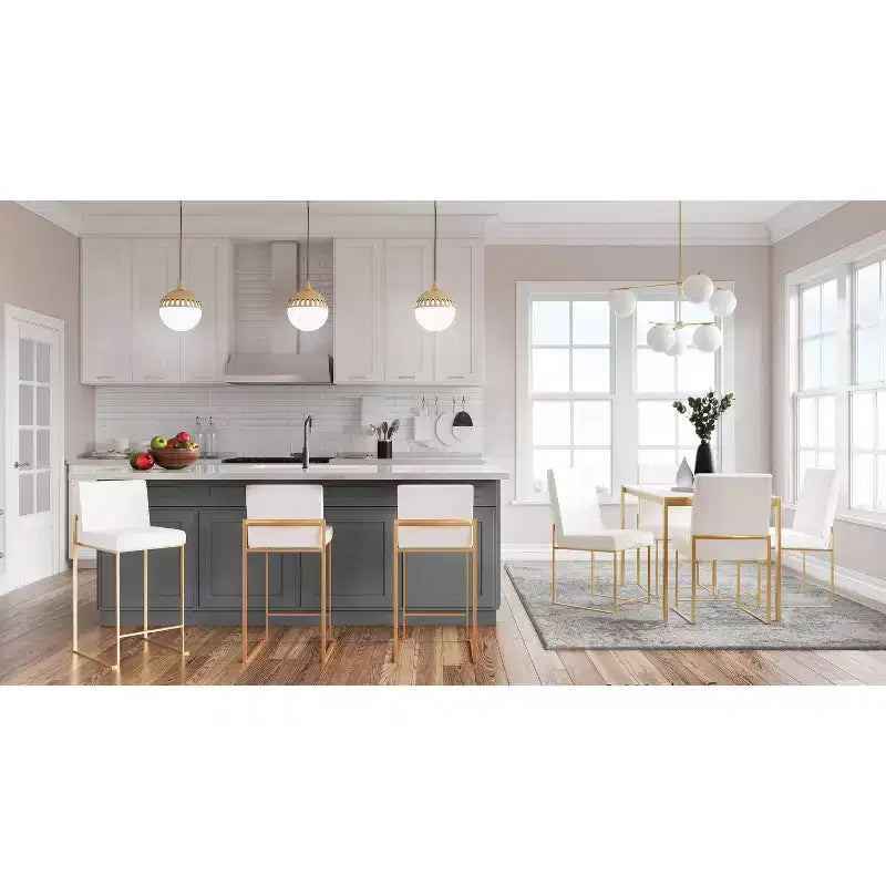 LumiSource Set of 3 Fuji High Back Counter Height Barstools Gold Steel/White PU