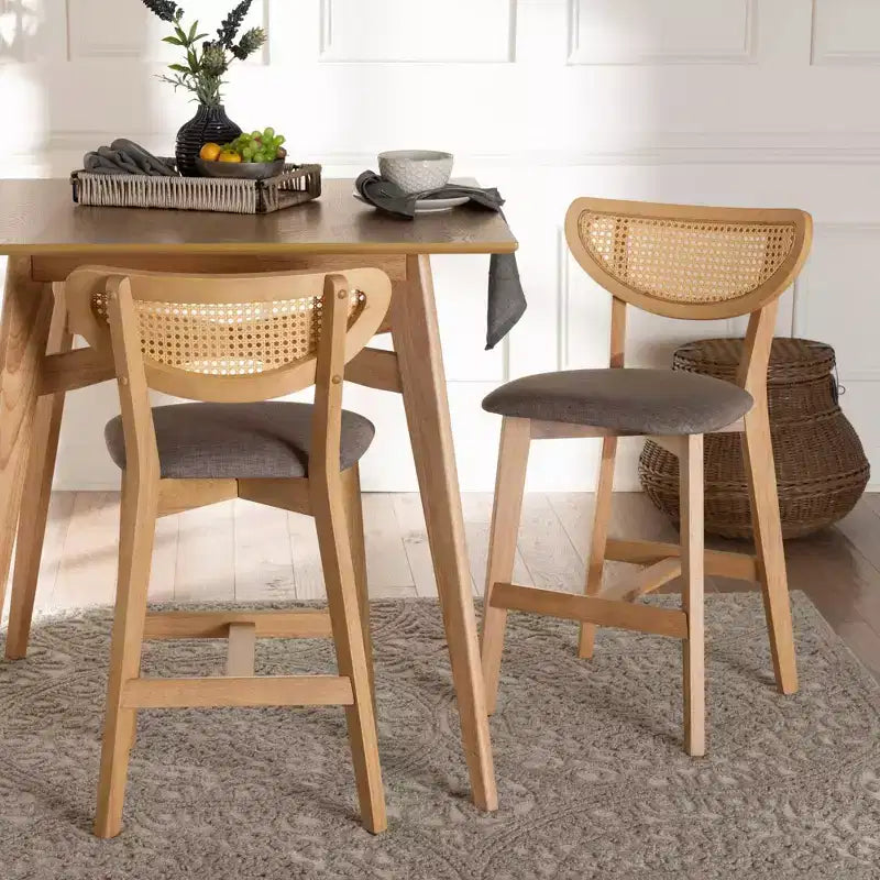 Baxton Studio 2pc Dannell Fabric and Wood Counter Height Barstools Gray/Natural Oak/Light Brown: Polyester Upholstery, Rubberwood Frame