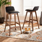 Baxton Studio 2pc Darrin Faux Leather and Wood Barstools Black/Walnut/Brown: Upholstered Oval Seat, 30" Fixed Height