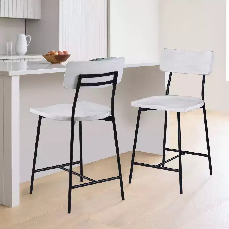 Comfort Pointe Bari Counter Height Barstool Whitewash: Saddle Seat, Curved Back, Metal Frame