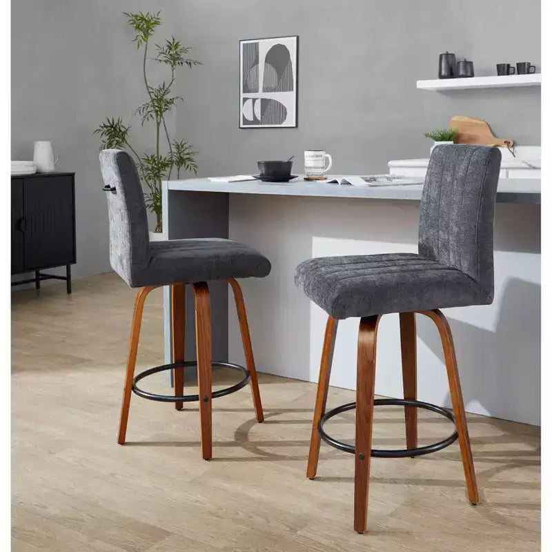 LumiSource Set of 2 Hank Counter Height Barstools Walnut Wood/Black Fabric