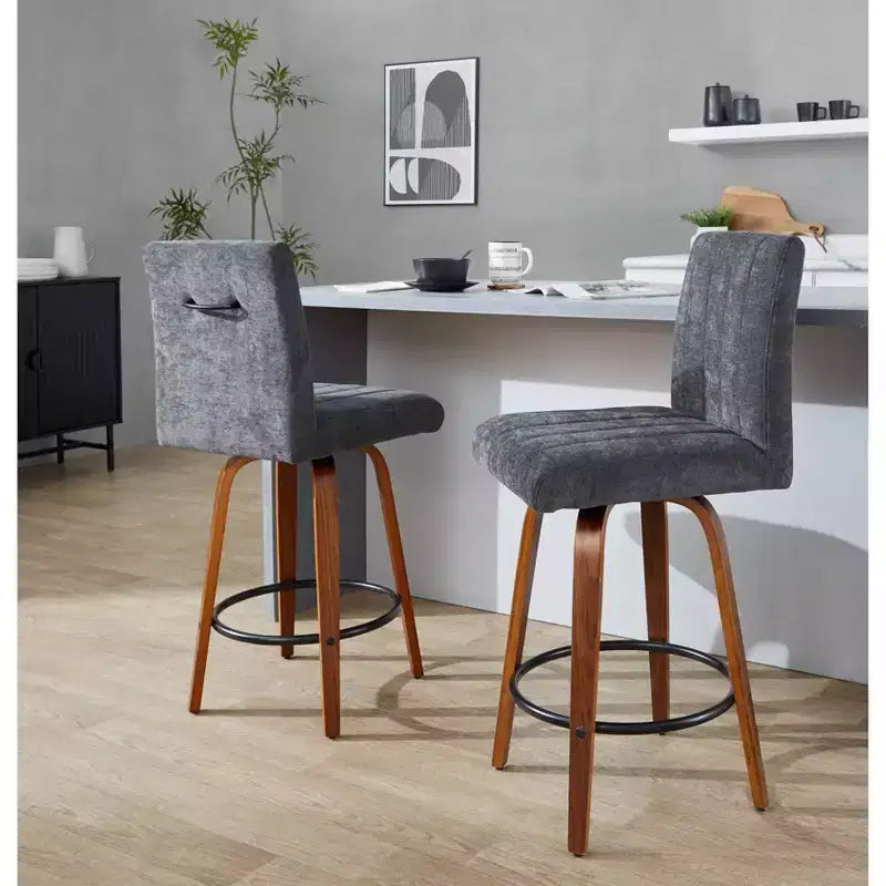 LumiSource Set of 2 Hank Counter Height Barstools Walnut Wood/Black Fabric