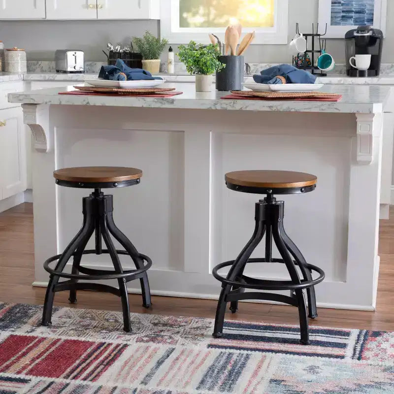 Set of 2 Tormo Adjustable Metal & Distressed Wood Barstool Black - Powell: Swivel, Round Seat, Industrial Design
