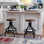 Set of 2 Tormo Adjustable Metal & Distressed Wood Barstool Black - Powell: Swivel, Round Seat, Industrial Design