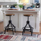 Set of 2 Tormo Adjustable Metal & Distressed Wood Barstool Black - Powell: Swivel, Round Seat, Industrial Design