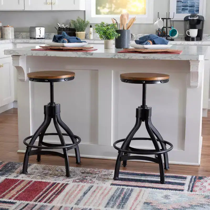 Set of 2 Tormo Adjustable Metal & Distressed Wood Barstool Black - Powell: Swivel, Round Seat, Industrial Design