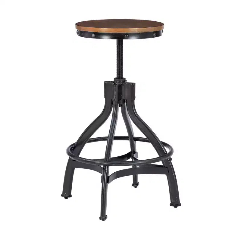 Set of 2 Tormo Adjustable Metal & Distressed Wood Barstool Black - Powell: Swivel, Round Seat, Industrial Design